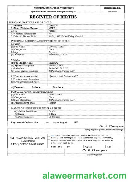 Australia Australian Capital Territory birth certificate template in Word format, version 2